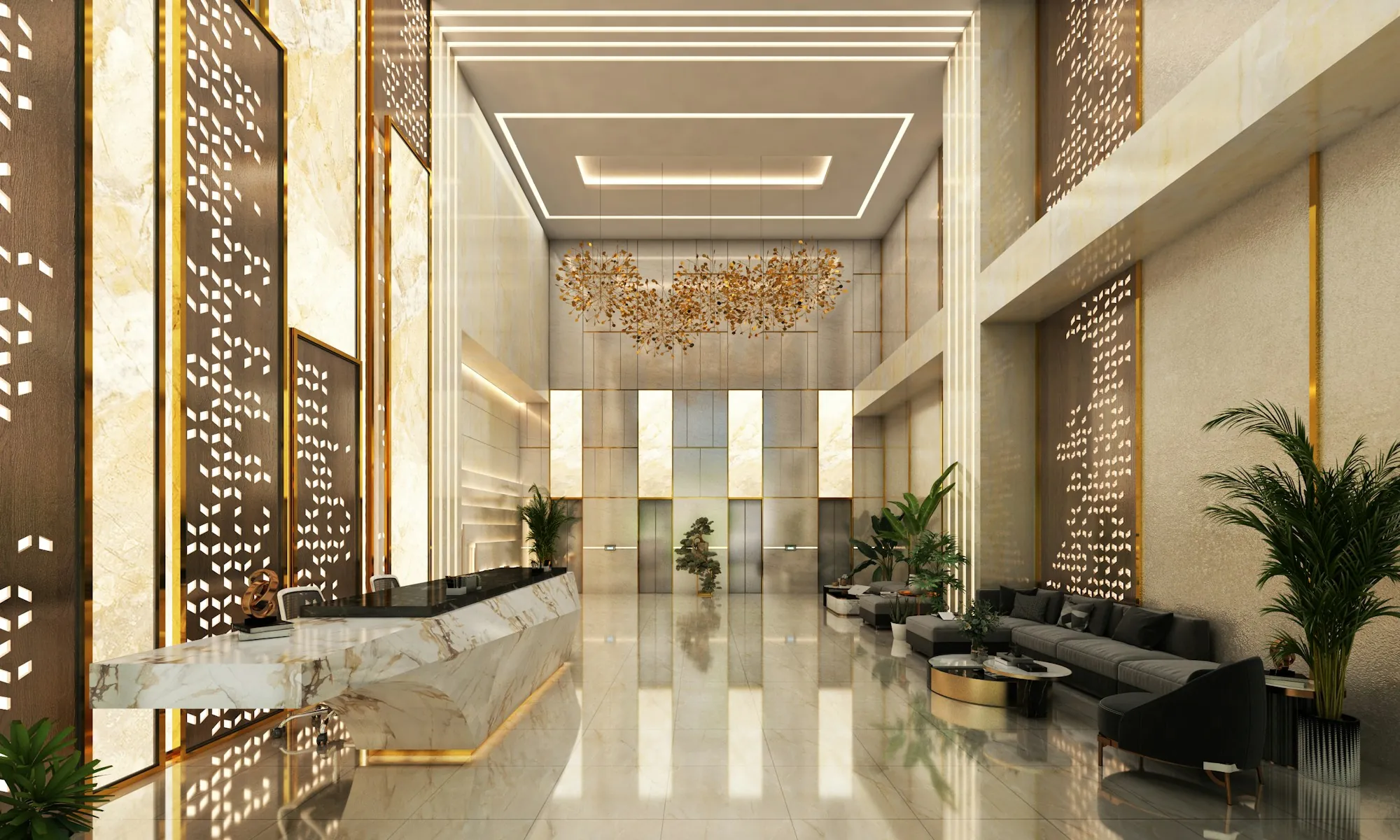 Marble lobby with a chandelier and reception area