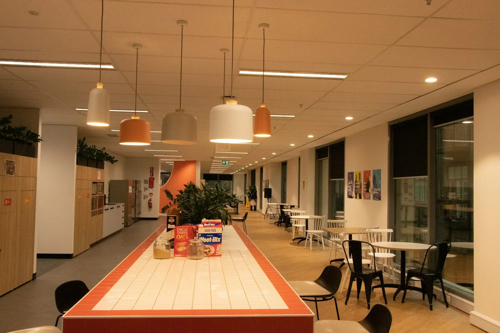 Office cafe with a long communal table